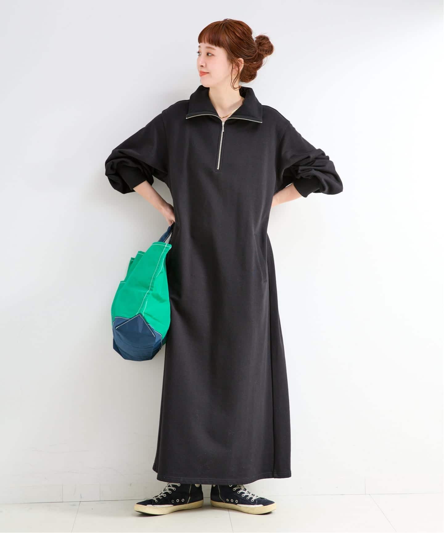 追加2》ウォッシャブル / テリー裏毛ハーフジップロングワンピース