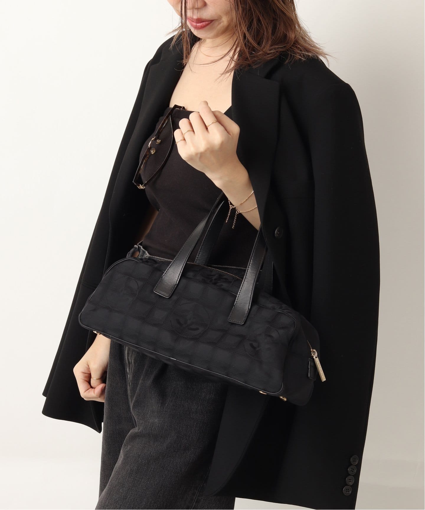 シャネル 旧トラベルライン ミニボストンバッグ ブラック ナイロン