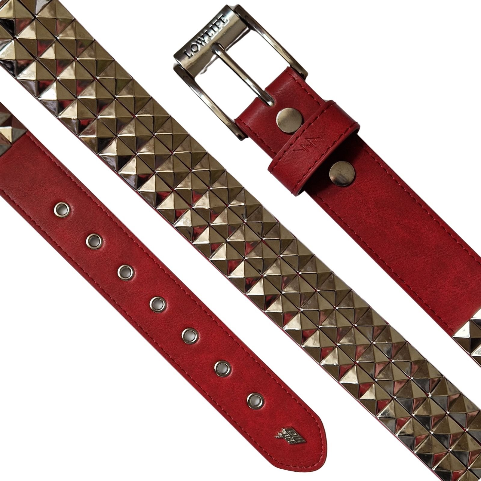 Triple S Studded Leather Belt in Red and Silver — Lowlife