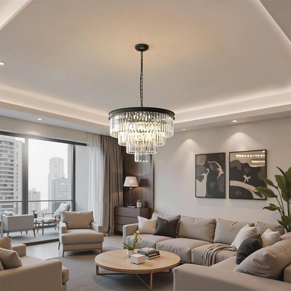 YANSUN 12-Light 4-Tier Black Crystal Chandelier, 24 in. Modern