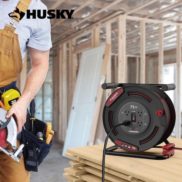 Husky 75 ft. 12/3 13 Amp Retractable Extension Cord Reel with 4