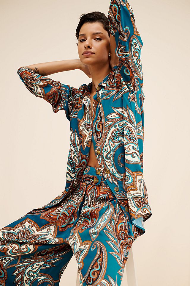 Nuuly x Farm Rio Leopard Paisley Pajama Shirt | Anthropologie