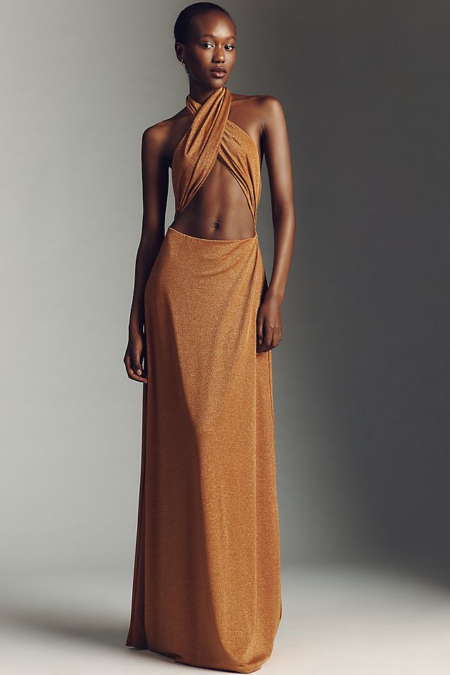 AFRM Kendrick Sparkle Cross-Front Halter Maxi Dress | Anthropologie