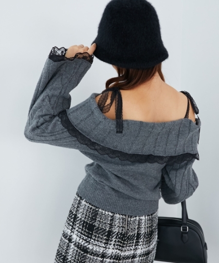 レースリボンオフショルケーブルニット/MAJESTIC LEGON