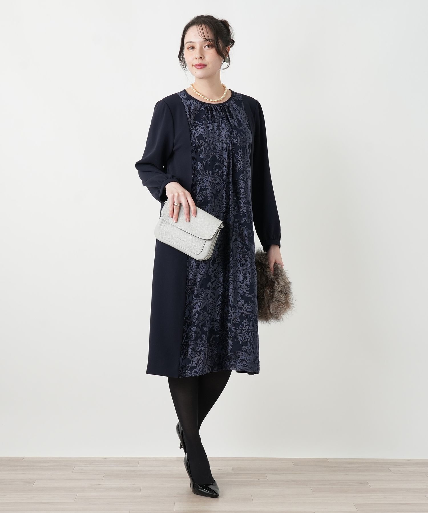 店舗人気】異素材切り替えワンピース【セレモニー】【Leilian WHITE