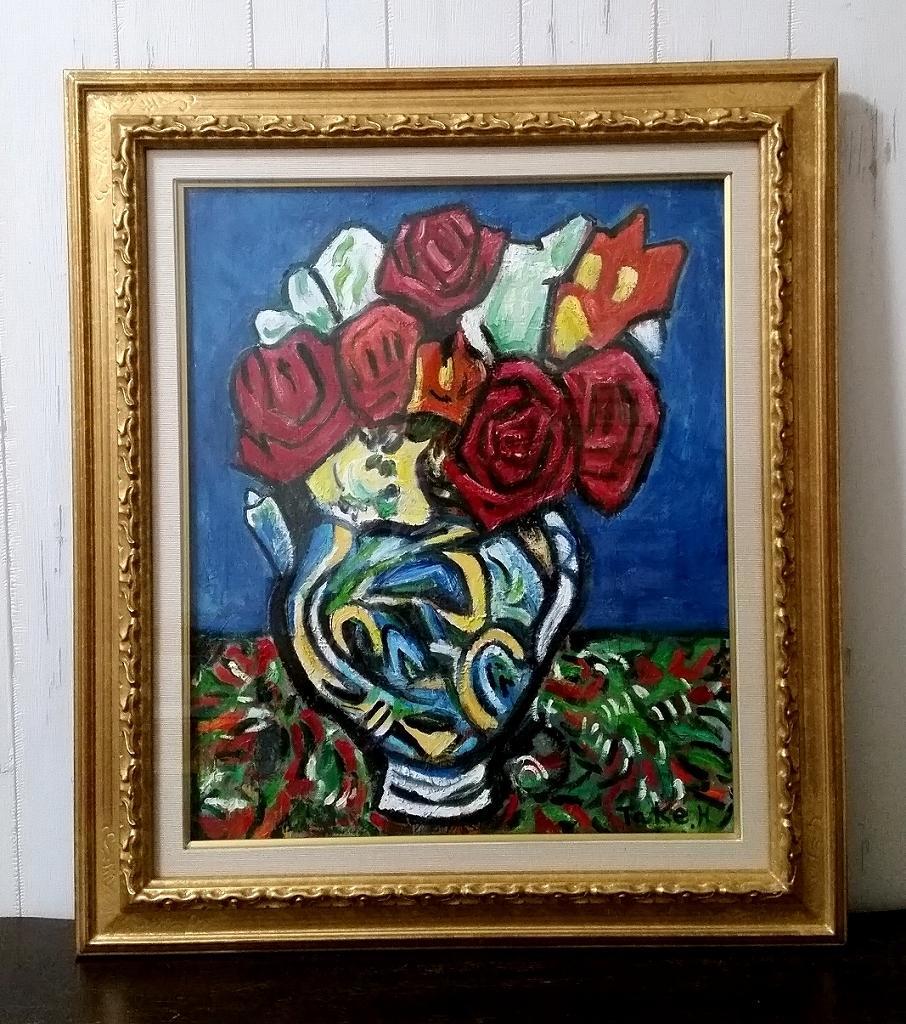 肉筆油彩画【薔薇】直筆サインあり 時代物肉筆油彩画薔薇vintage 直筆