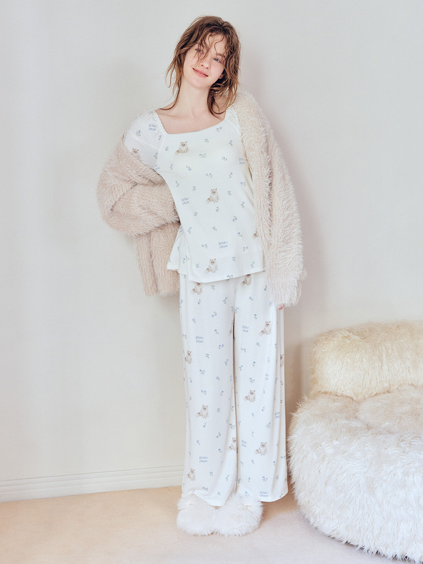 フラワーキャット柄ロングパンツ(ロングパンツ)｜ルームウェア