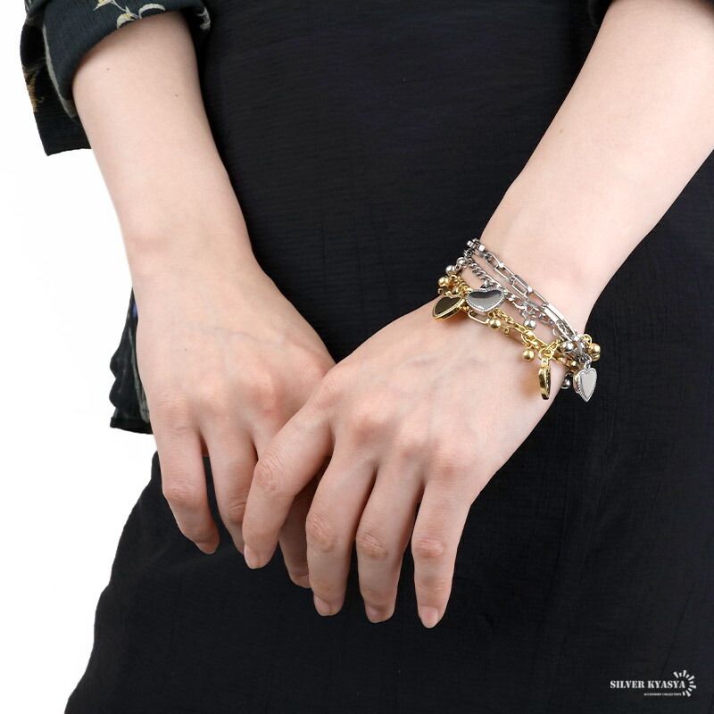 チャームブレスレット ステンレス ゴールド シルバー 2連 重ね付け