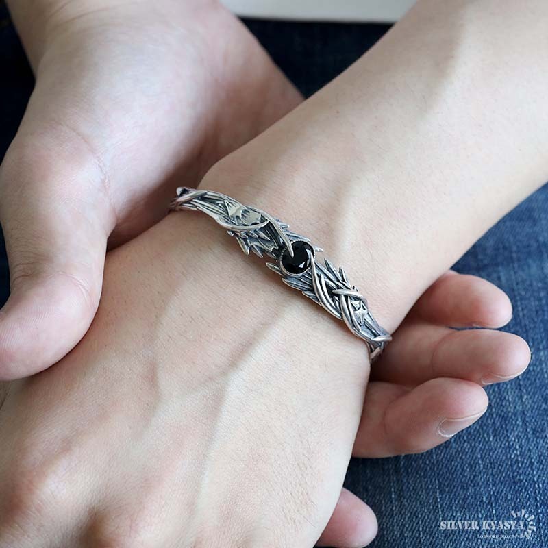 シルバー925 オニキスバングル メンズ 腕輪 一粒 シルバーバングル 銀