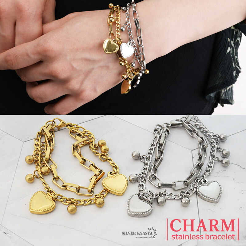 チャームブレスレット ステンレス ゴールド シルバー 2連 重ね付け