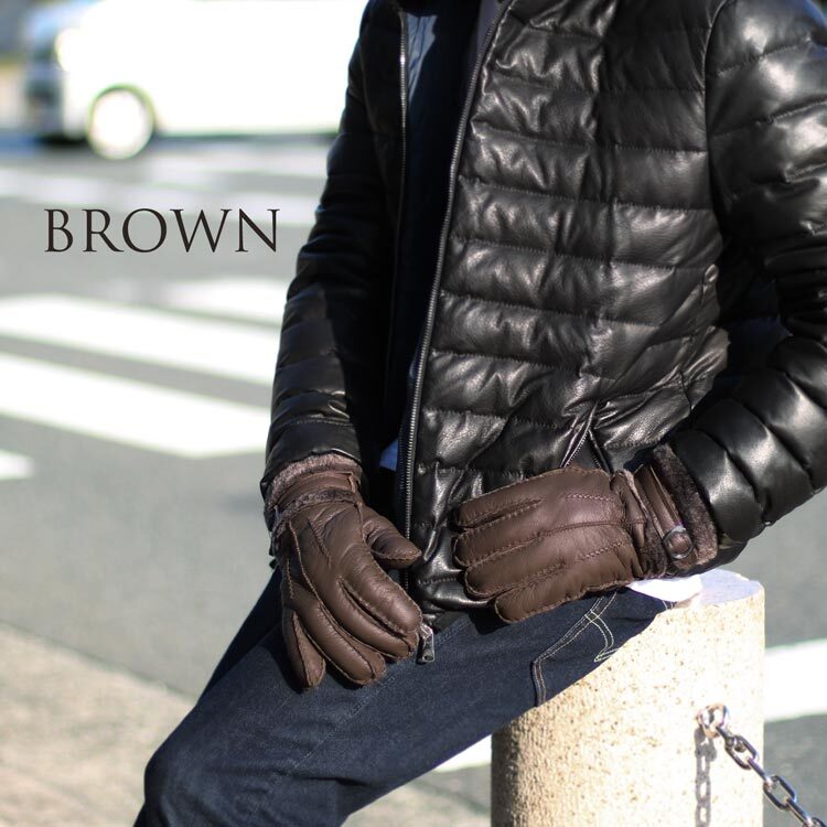 ムートン 手袋 メンズ ダブルフェイス レザーグローブ デザインベルト