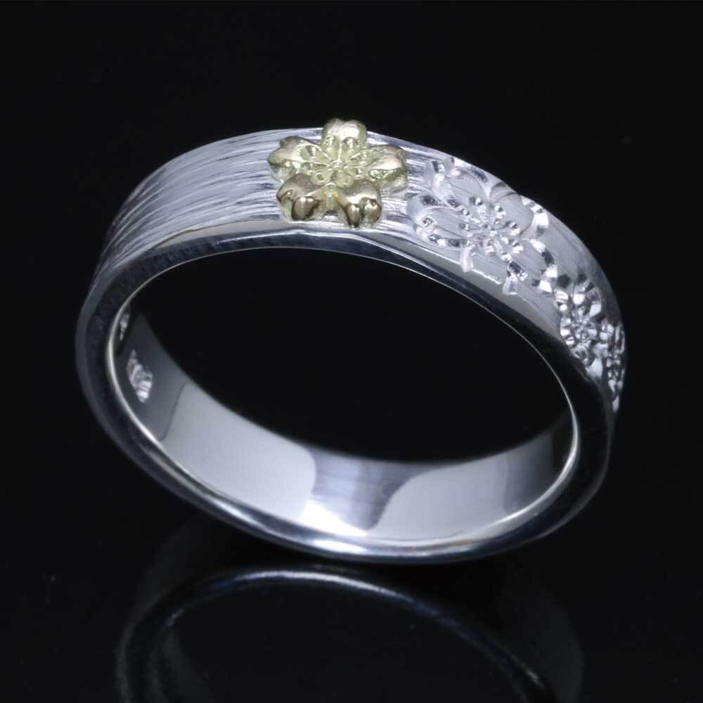 指輪 メンズ K18 シルバー川面浮桜 桜 平打ち リング 5mm幅 シルバー