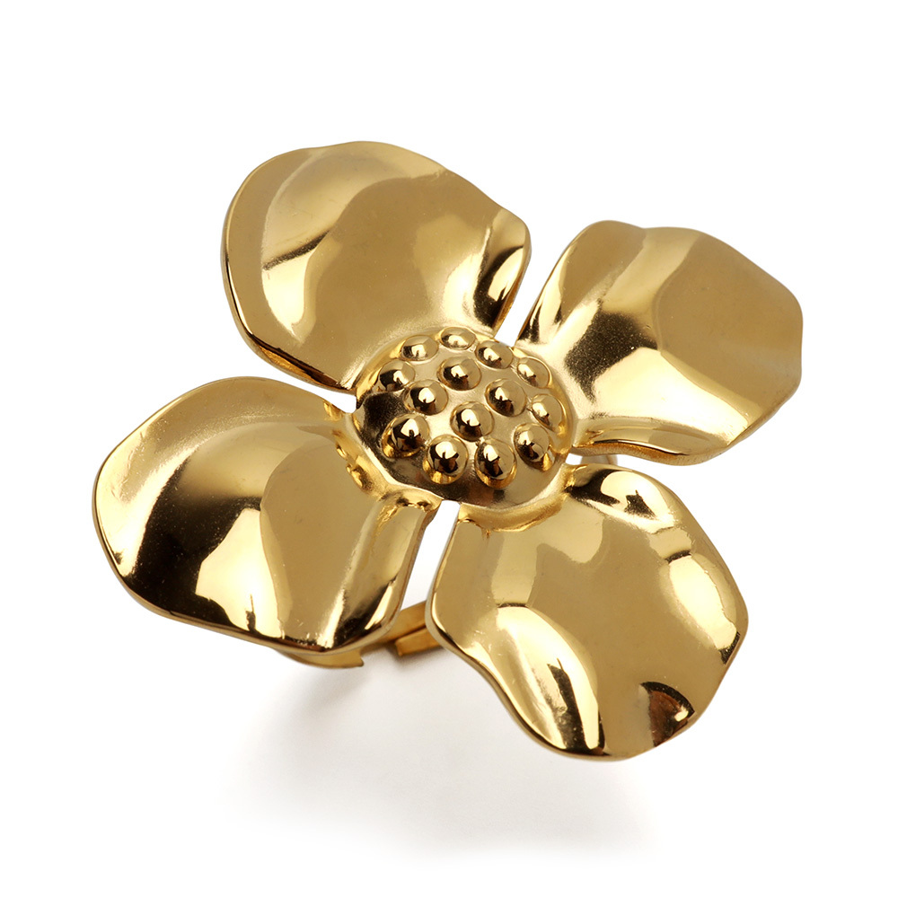 ステンレス 大ぶり フラワーリング メタリック ゴールドリング