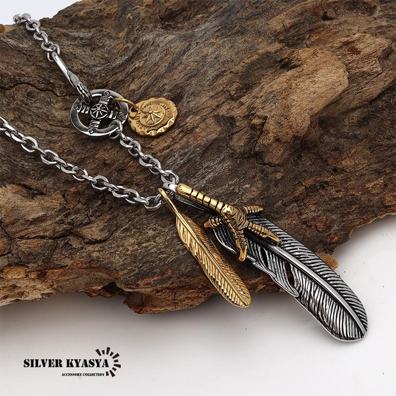 316L ステンレス 特大フェザーネックレス 金爪フェザー ネックレス