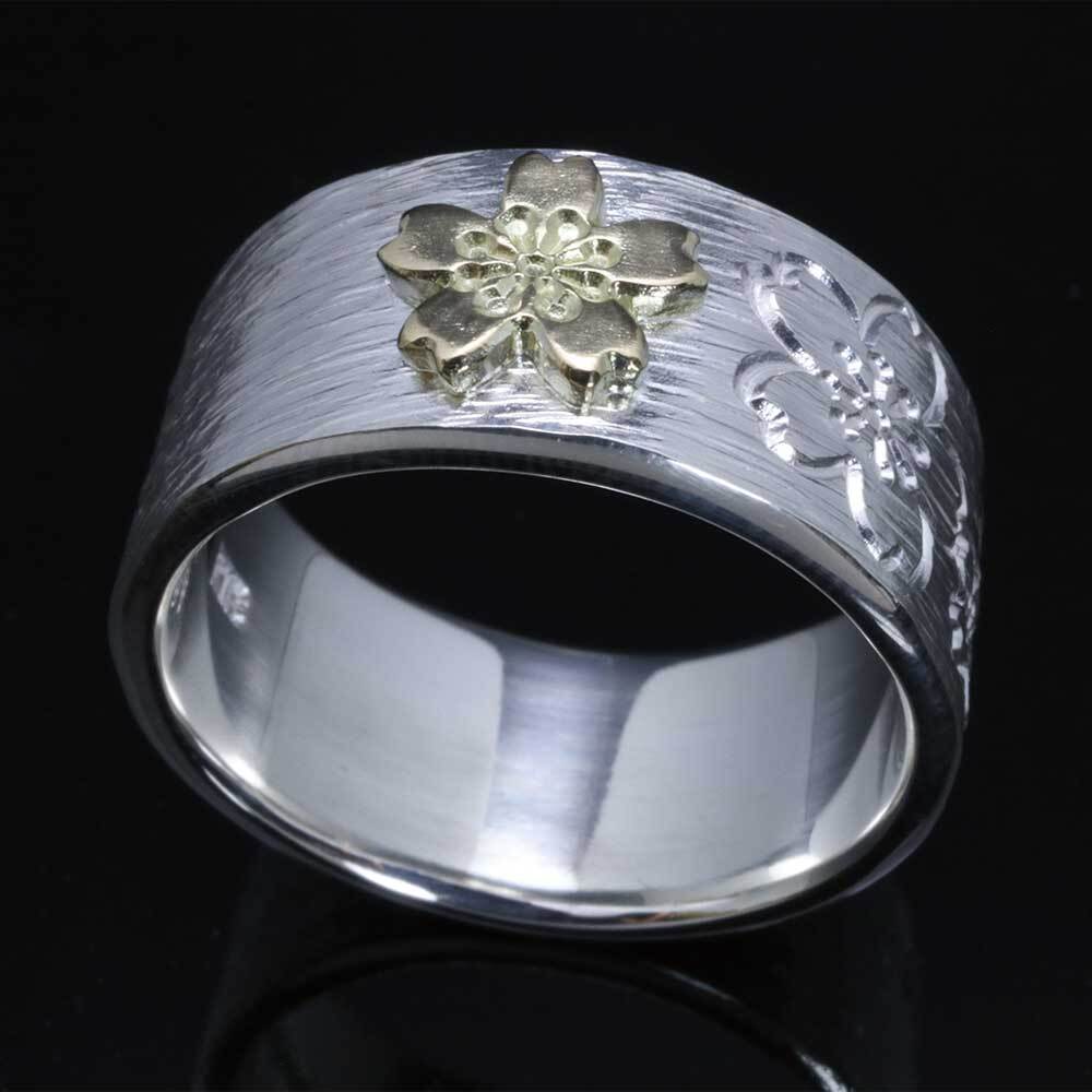 指輪 メンズ K18 シルバー川面浮桜 桜 平打ち リング 10mm幅 シルバー