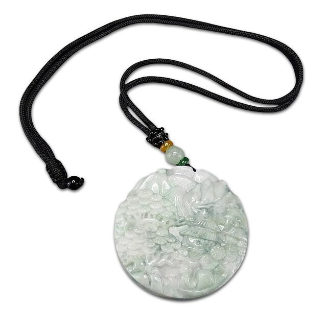 逸品緑入りひすい本翡翠風水風景彫りデカペンダント紐ネックレス大