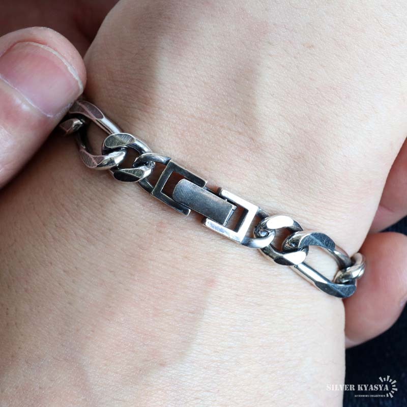 シルバー925 チェーンブレスレット 中折れ フィガロチェーン