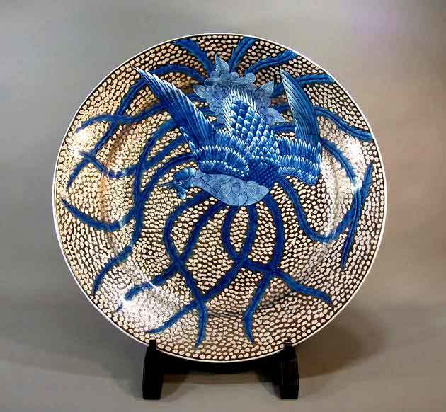 有田焼 陶芸家 藤井錦彩作】有田焼美術品 染錦プラチナ彩鳳凰絵飾り