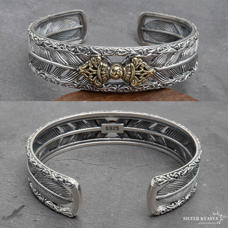 シルバー925 六字真言バングル フェザーバングル ワイドバングル