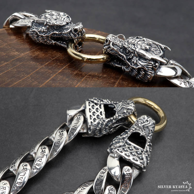 シルバー925 双頭 ドラゴンブレスレット ゴールド 梵字 龍ブレスレット