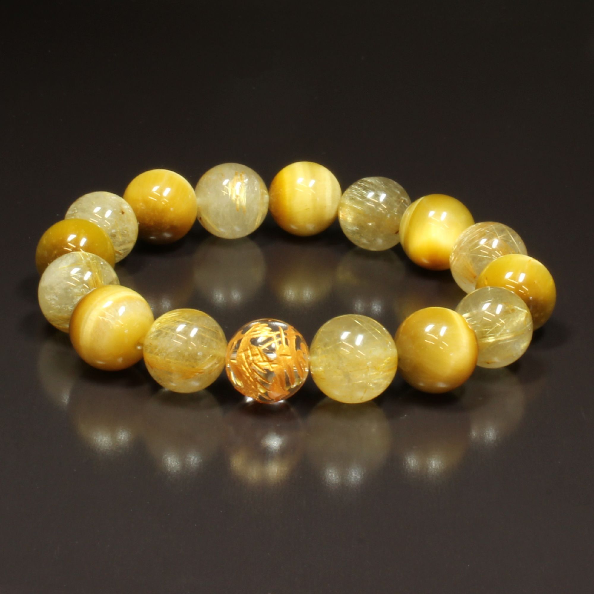 閃きを与える数珠］12ミリ 金彫皇帝龍 本水晶 ゴールデンタイガーアイ