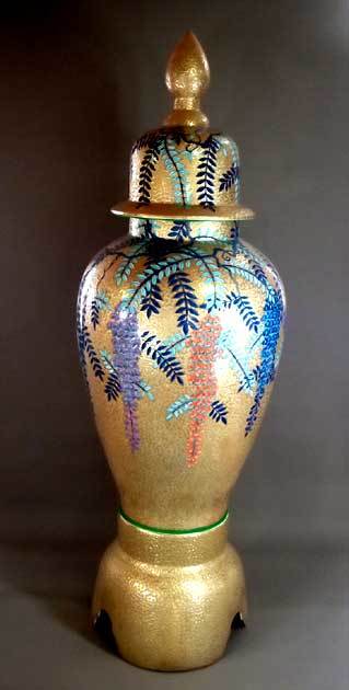 有田焼 陶芸家 藤井錦彩作】有田焼美術品 染錦黄金藤絵飾り特大沈香壺