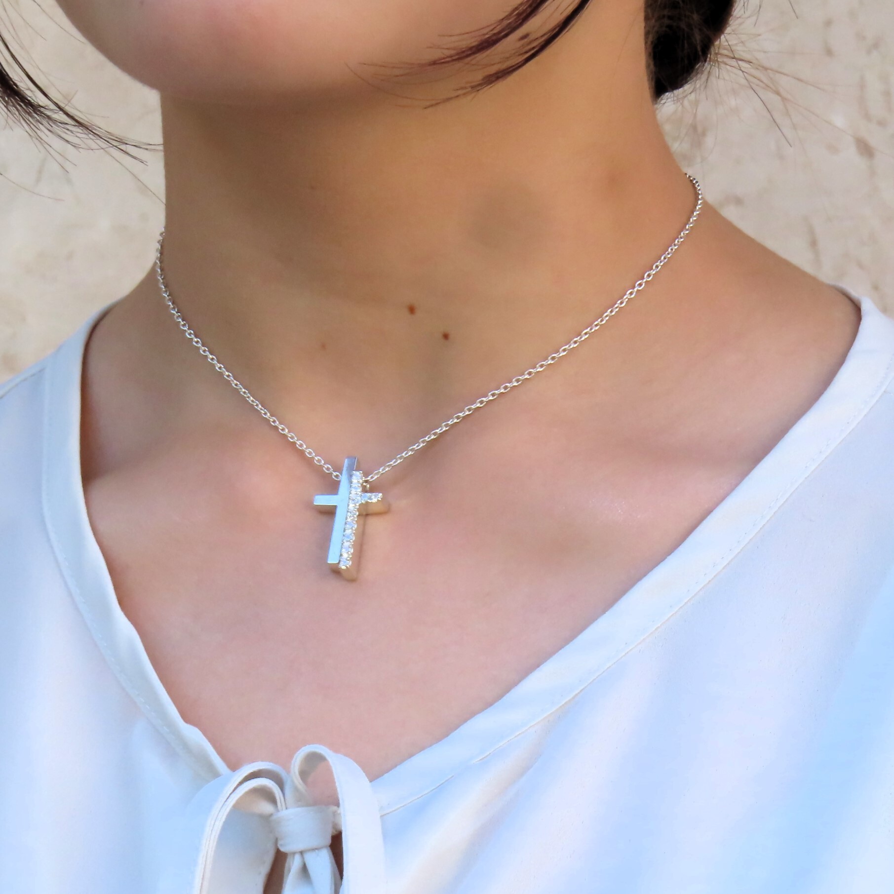 セパレートクロスネックレス シルバー925 クリア ホワイト