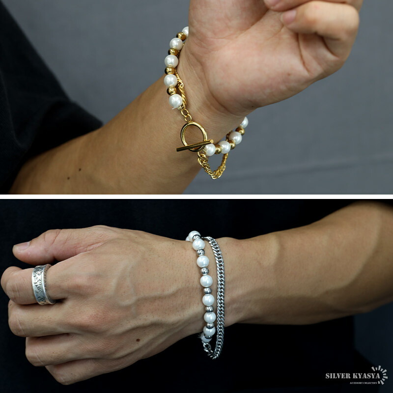 パールブレスレット メンズ 6面カット ダブル喜平 ゴールド シルバー