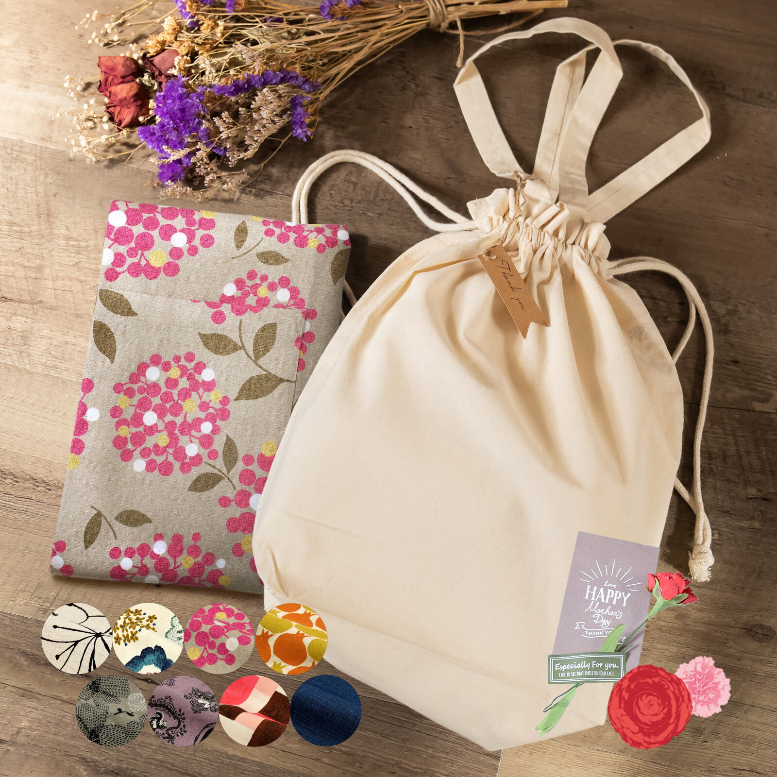 エプロン トートバッグ付き「花 編み物風 ビスケットブーケ ザクロ