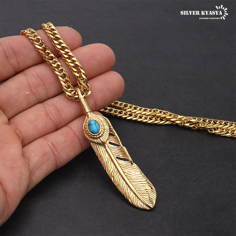 ステンレス フェザーネックレス ターコイズ イーグルネックレス 18K GP
