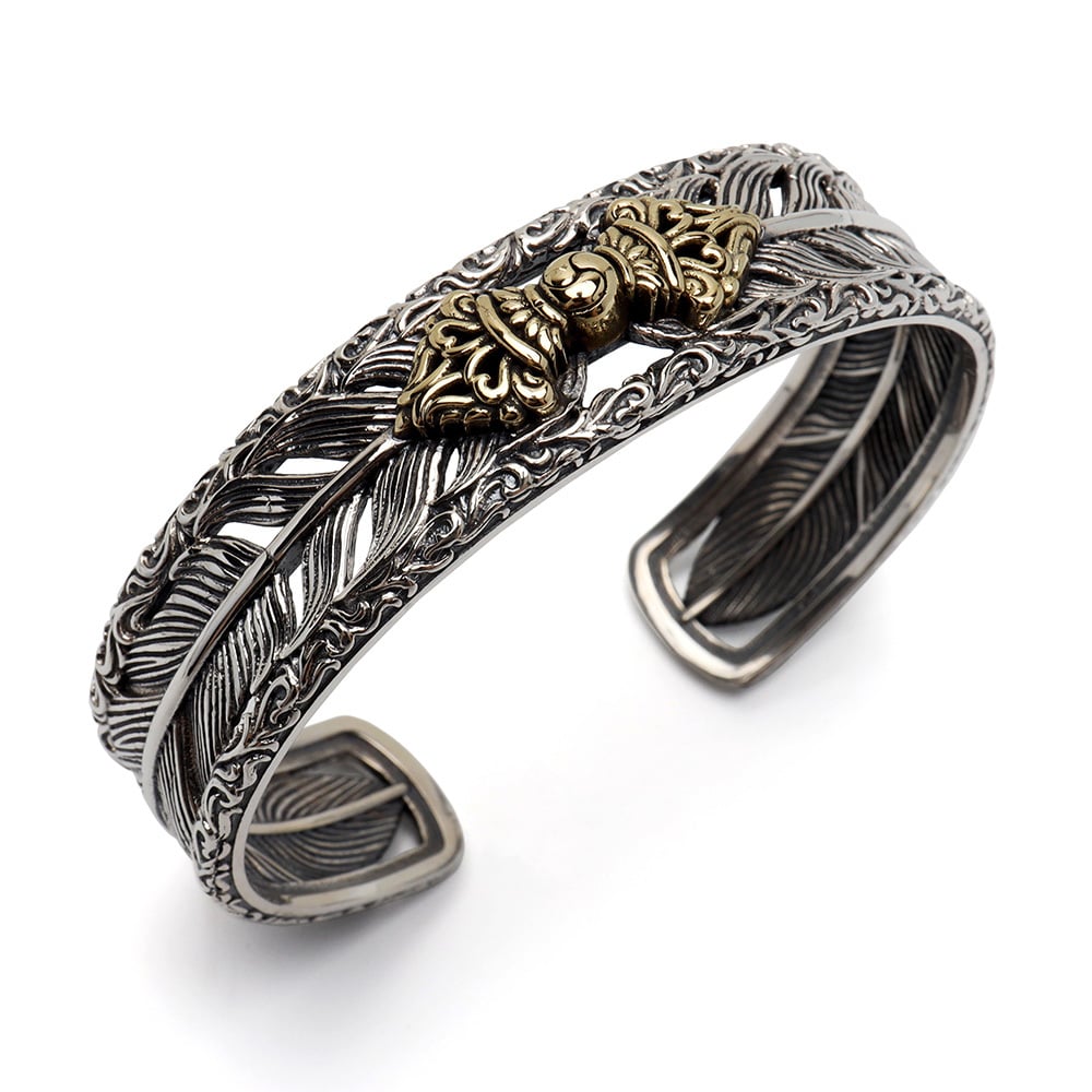 シルバー925 六字真言バングル フェザーバングル ワイドバングル