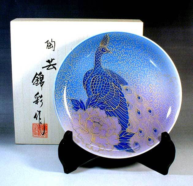 有田焼 陶芸家 藤井錦彩作】有田焼美術品 染錦金彩釉裏紅孔雀牡丹絵