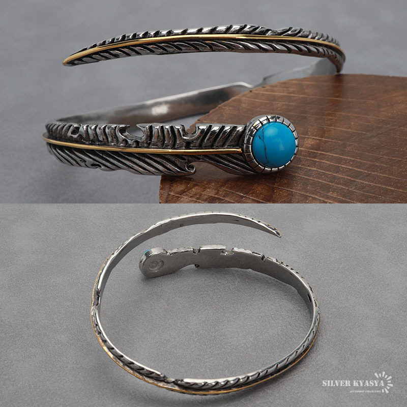 ステンレス フェザーバングル ターコイズ シルバー ゴールド ブルー 羽