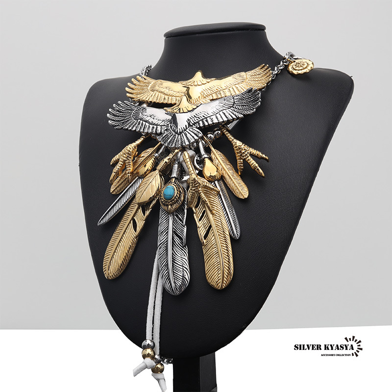 超豪華 フェザーネックレス 特大イーグル2枚重ね ステンレス イーグル