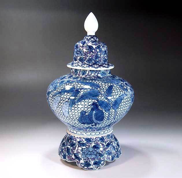 有田焼 陶芸家 藤井錦彩作】有田焼美術品 染錦唐草牡丹割鶉雀絵飾り