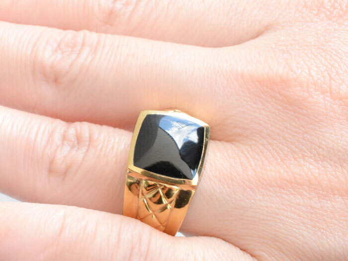 メンズ リング k18 オニキス 幅広 イエローゴールドk18 指輪 印台 四角