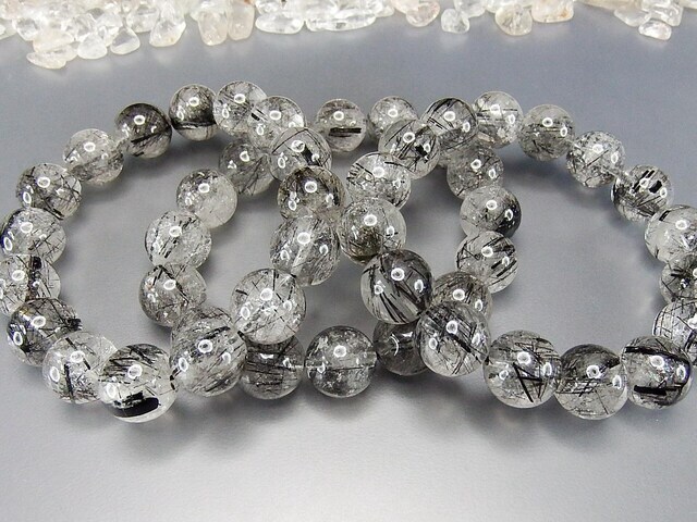 大玉針多めブラックルチルクォーツ約13.5mm天然石数珠ブレスレット仕事