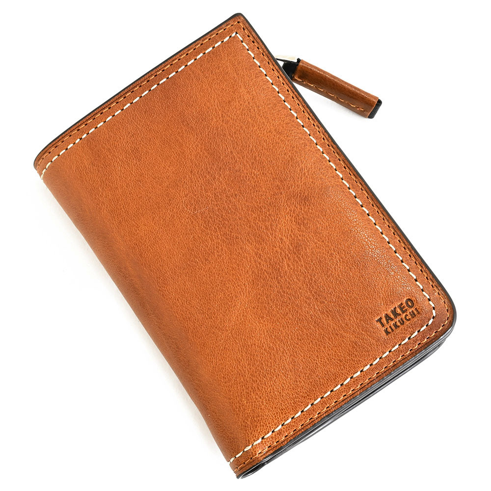 タケオキクチ 財布 二つ折り財布 L字ファスナー 縦型 キャメル TAKEO