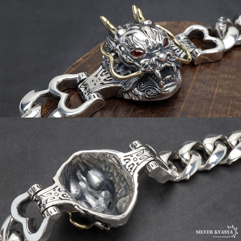 シルバー925 ド迫力 ドラゴンブレスレット ゴールド 唐草 龍