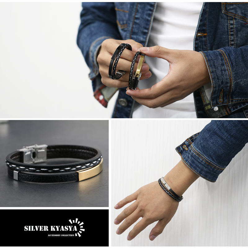 ステンレス レザーバングル PU合皮 ブレスレット リスト バンド 腕輪
