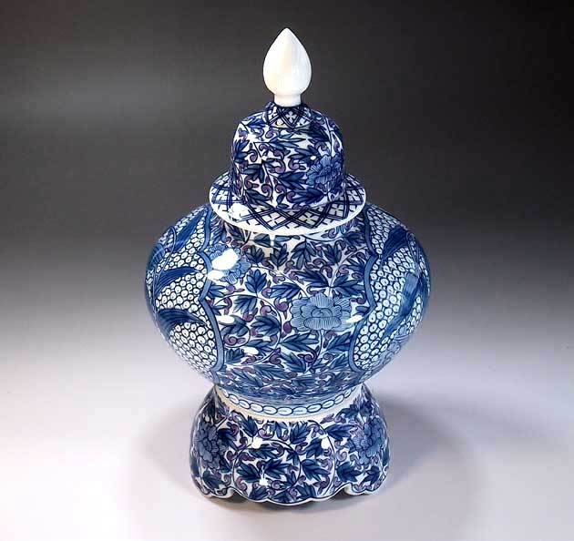 有田焼 陶芸家 藤井錦彩作】有田焼美術品 染錦唐草牡丹割鶉雀絵飾り