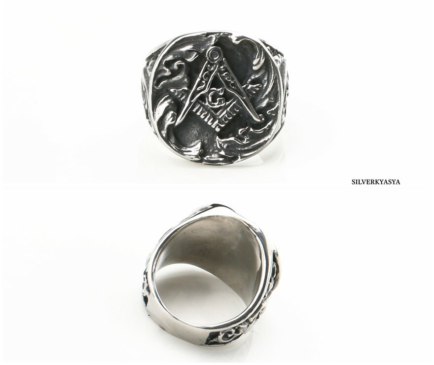高品質ステンレス 燻し 唐草模様 フリーメイソン リング シルバー 唐草