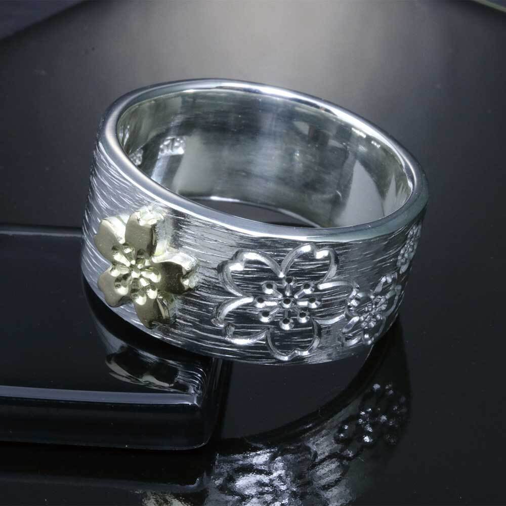 指輪 メンズ K18 シルバー川面浮桜 桜 平打ち リング 10mm幅 シルバー