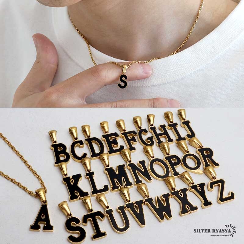 イニシャルネックレス アルファベットネックレス ゴールド ブラック
