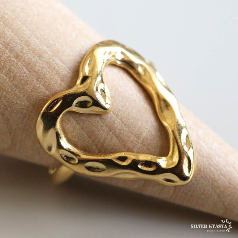 ステンレス ハートリング 槌目リング 透かし オープンリング かわいい