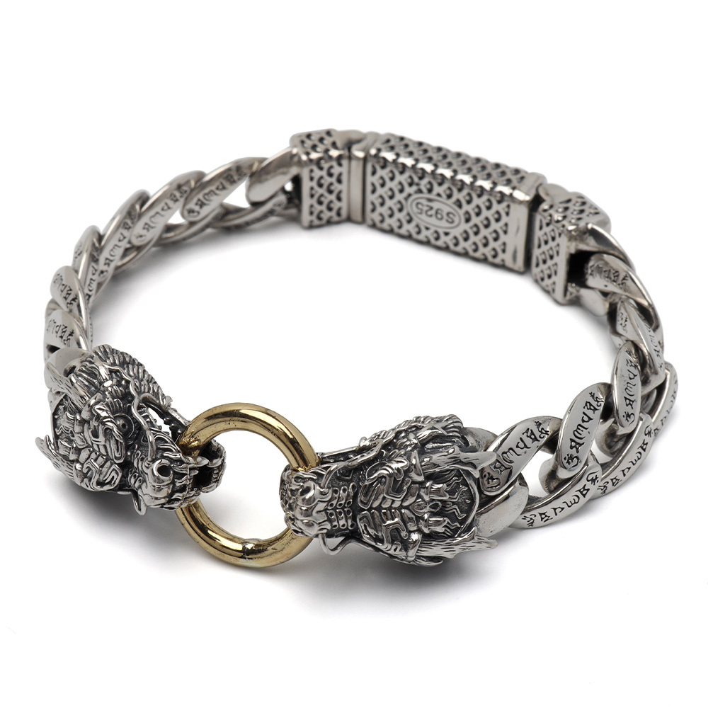 シルバー925 双頭 ドラゴンブレスレット ゴールド 梵字 龍ブレスレット