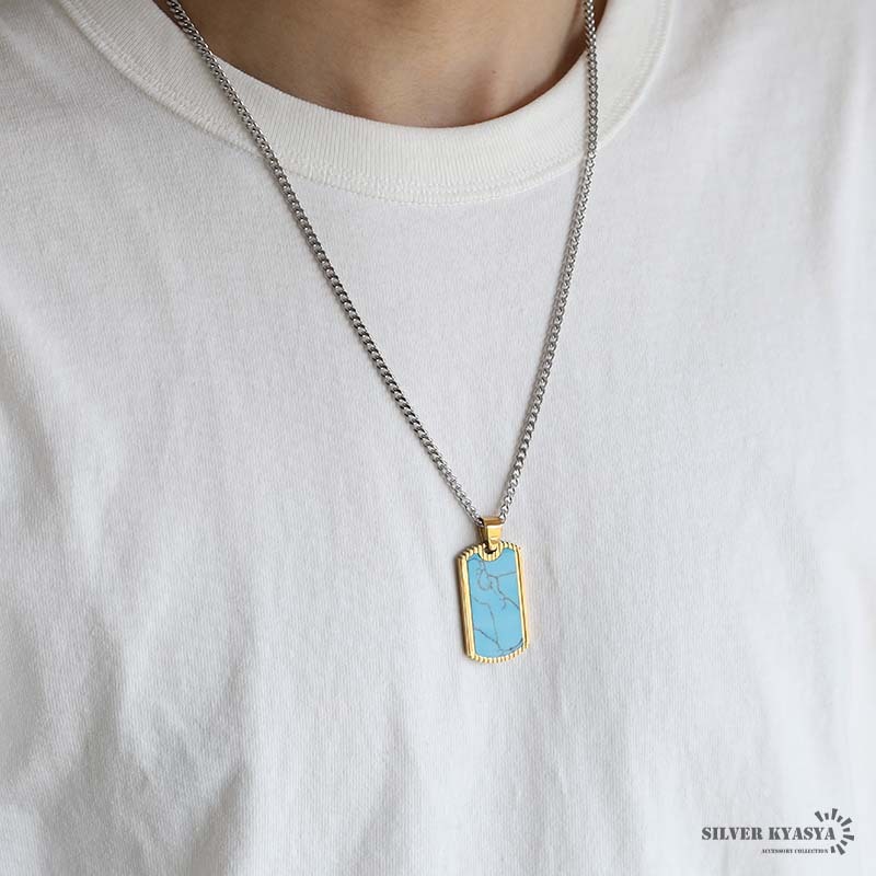 ステンレス ドッグタグネックレス ターコイズブルーネックレス