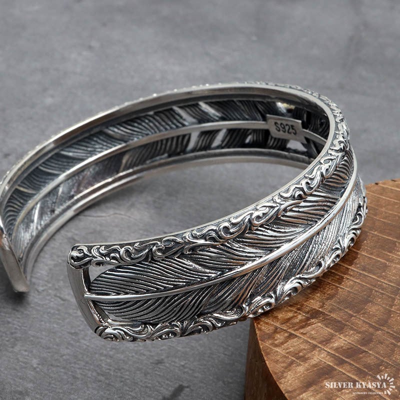 シルバー925 六字真言バングル フェザーバングル ワイドバングル