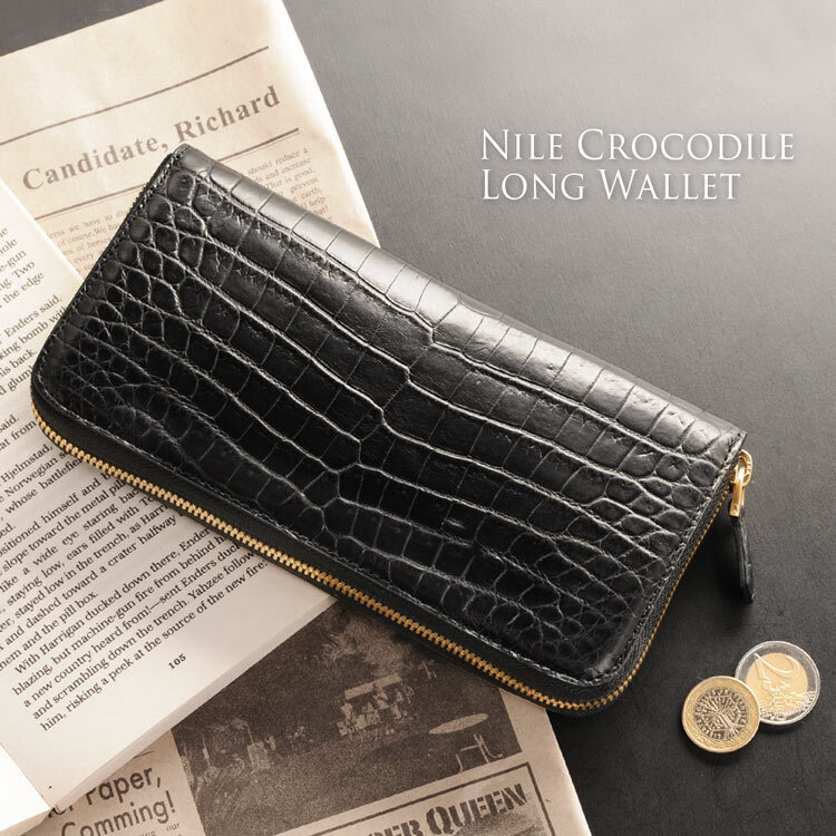 クロコダイル 長財布 ゴールド ラウンドファスナー マット加工