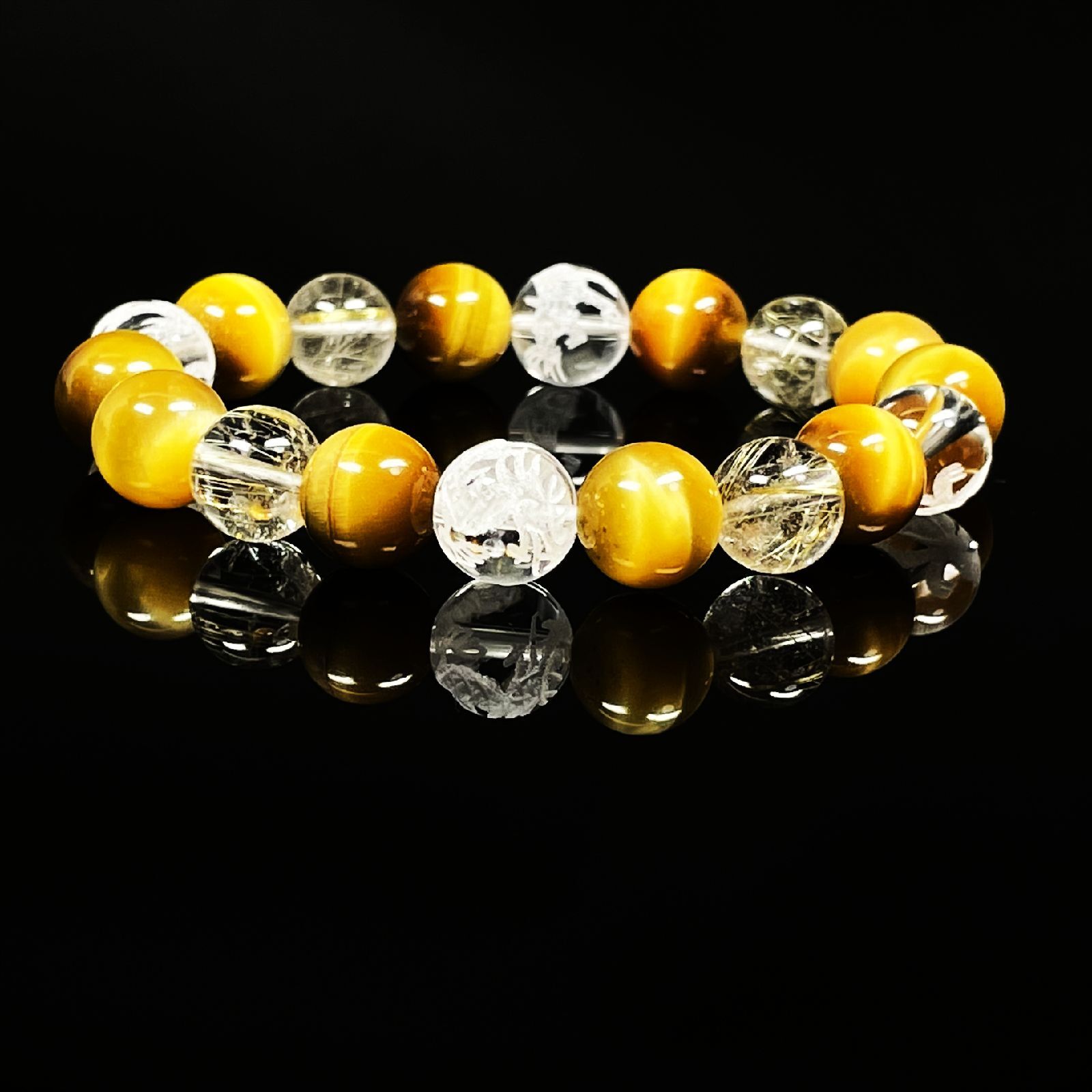 才能開花数珠］10ミリ 素彫四神獣 本水晶 ゴールデンタイガーアイ